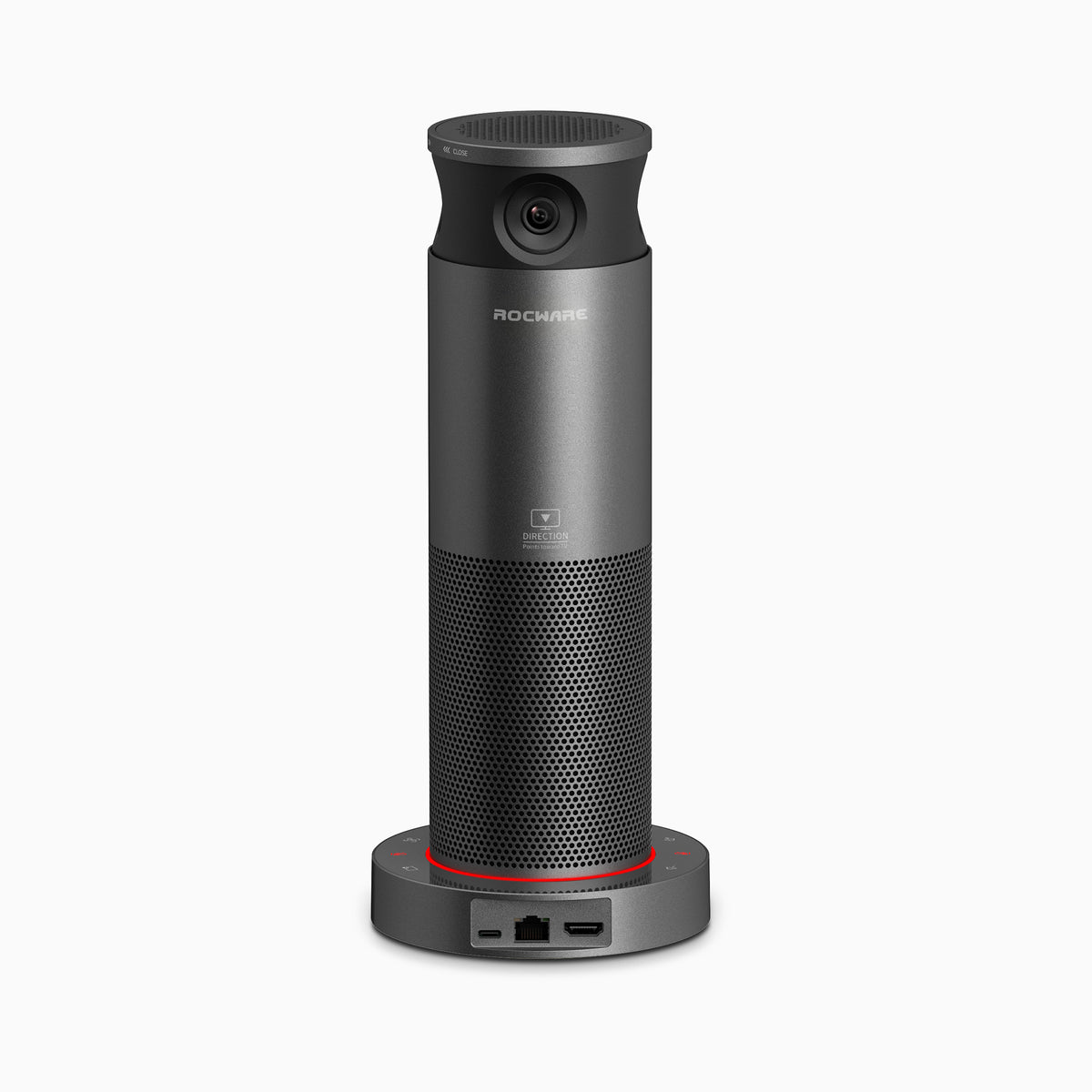 Rocware RC360 AI-powered conference camera with a cylindrical design and a base featuring ports.