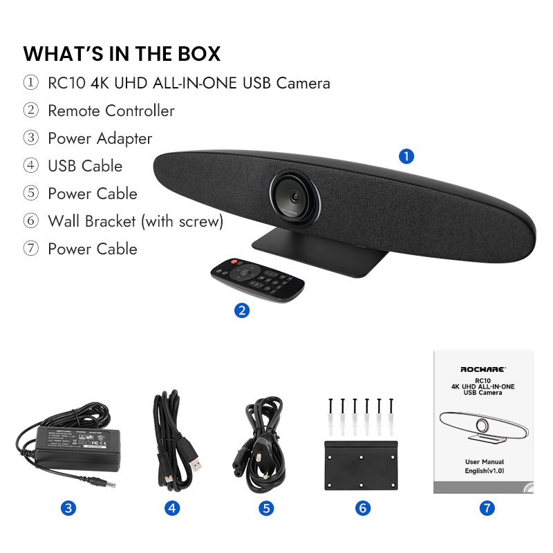 Barre vidéo USB 4K UHD tout-en-un Rocware RC10 avec cadrage automatique et suivi vocal intelligent pour petite salle de conférence 