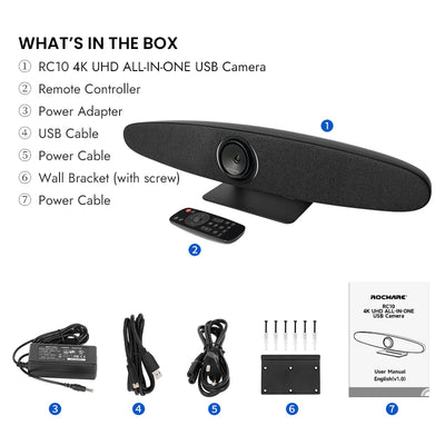 On Sale 20% OFF| Rocware RC10 All-in-one 4K UHD USB Video Bar with Autoframing and Intelligent Voice Tracking for Small Conference Room