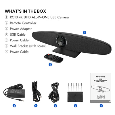 Rocware RC10 All-in-one 4K UHD USB Video Bar with Autoframing and Intelligent Voice Tracking for Small Conference Room