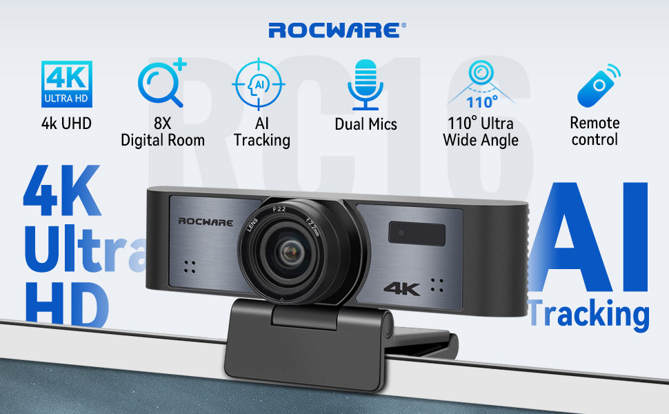 Rocware RC16 4K USB AI Webcam with 110°FoV, 8X digital zoom, Humanoid ...