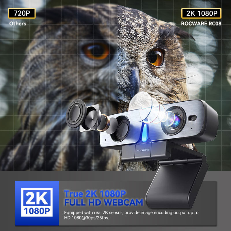 Webcam avec microphone, caméra Web ROCWARE RC08 pour ordinateur de bureau,  webcam USB 1080p 2K, webcam à mise au point automatique avec micro intégré